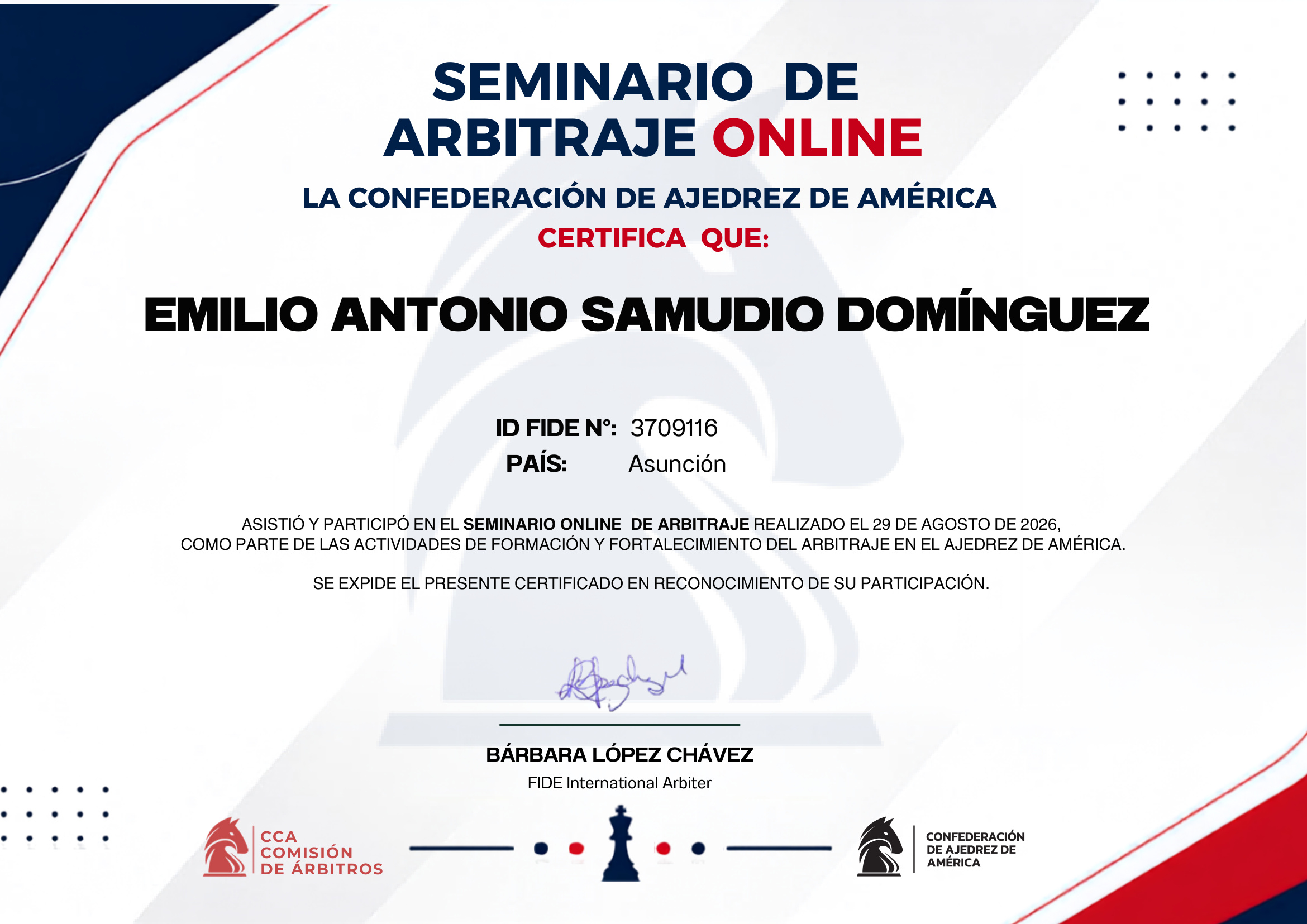 Certificado en español - Seminario Online de Arbitraje CCA - Emilio Samudio 2026